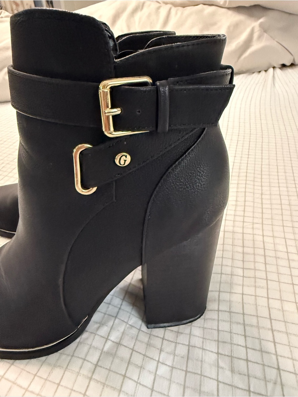 Guess Black Ankle Boots with Gold Buckle Accent